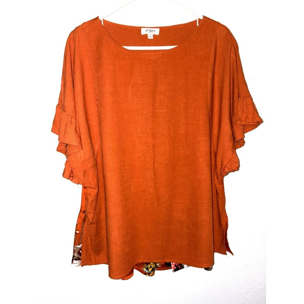 Umgee USA Linen Blend Ruffle Sleeve Floral Back Tunic Top Size Small